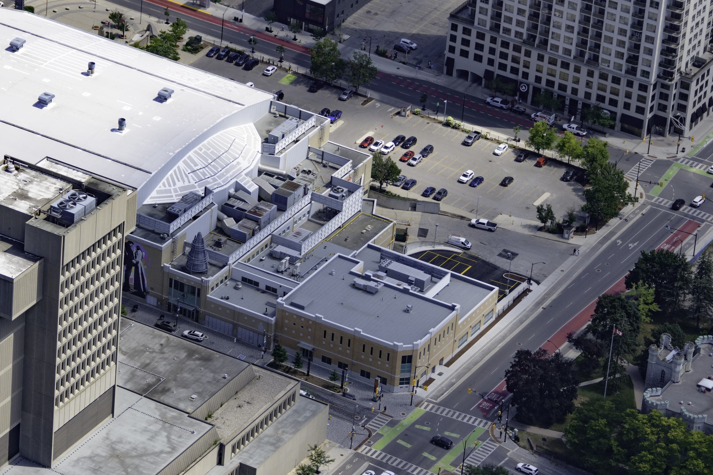Canada Life Place aerial view, Render Construction masonry, London, ON