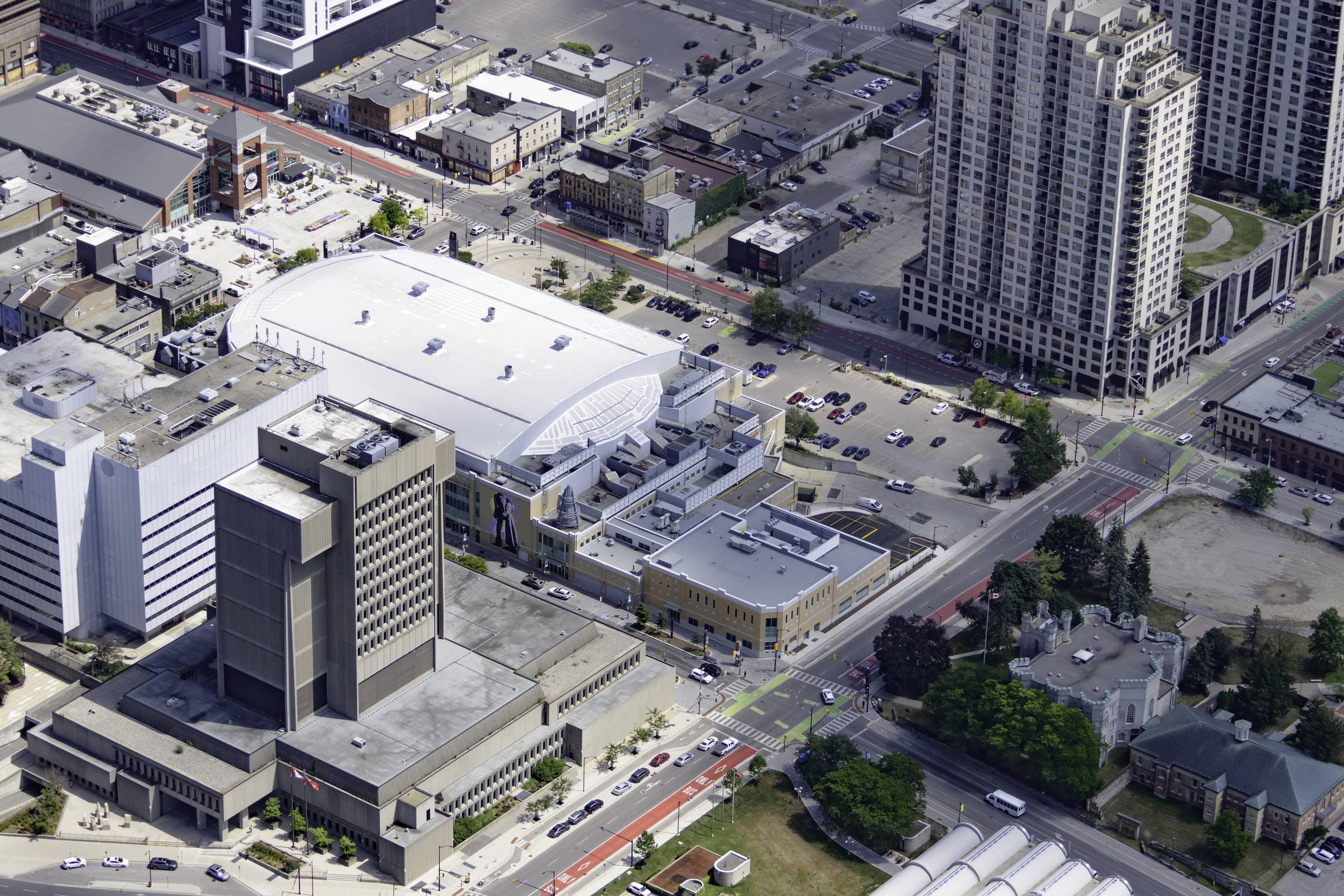 Canada Life Place aerial view, Render Construction masonry, London, ON